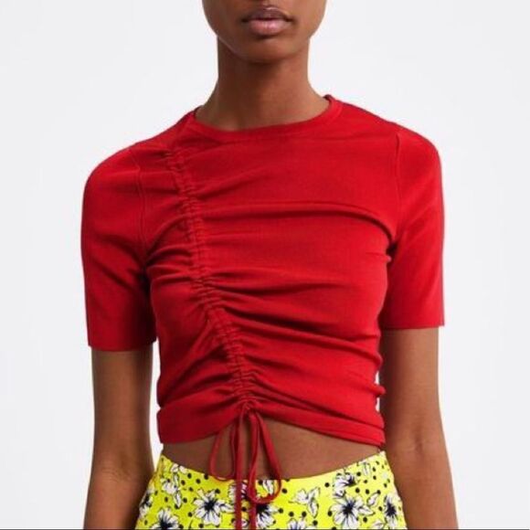 Zara sexy red drawstring asymetrical short sleeve scoop neck top - Picture 1 of 8